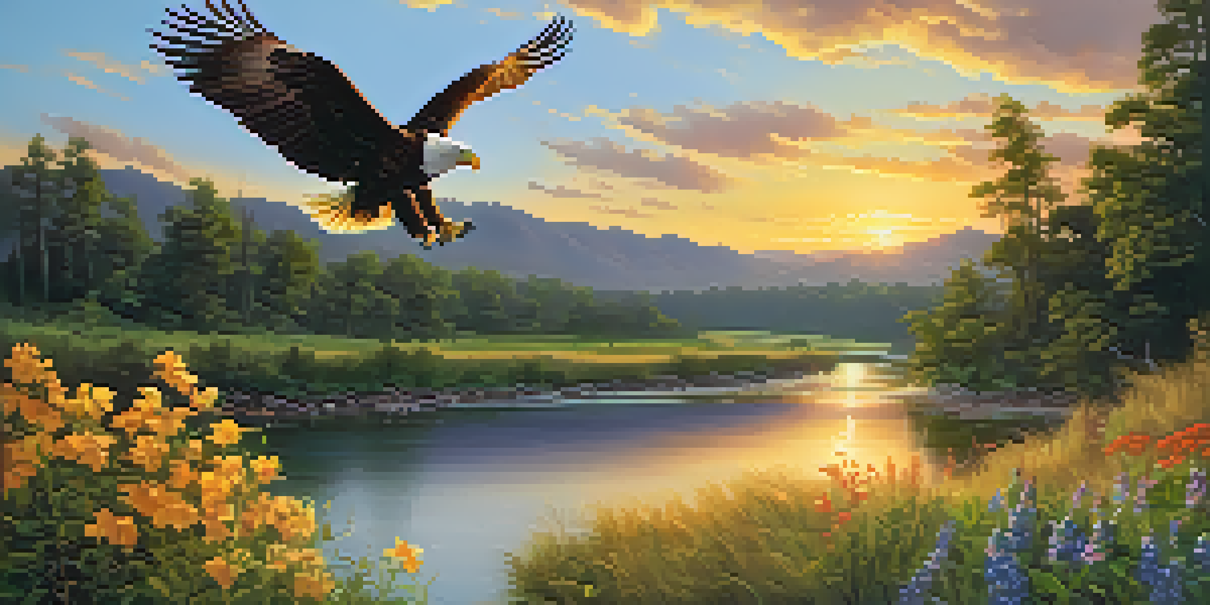 A peaceful river landscape with colorful flowers, green trees, and an eagle flying overhead during sunset.