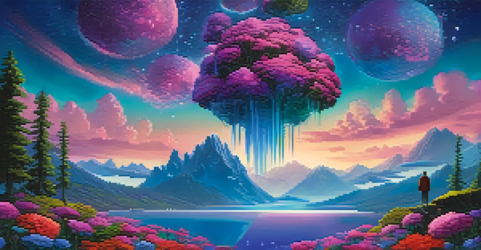 A person wearing a VR headset stands on the edge of a floating island, surrounded by colorful oversized flowers, with a majestic mountain range in the background and a starry sky.