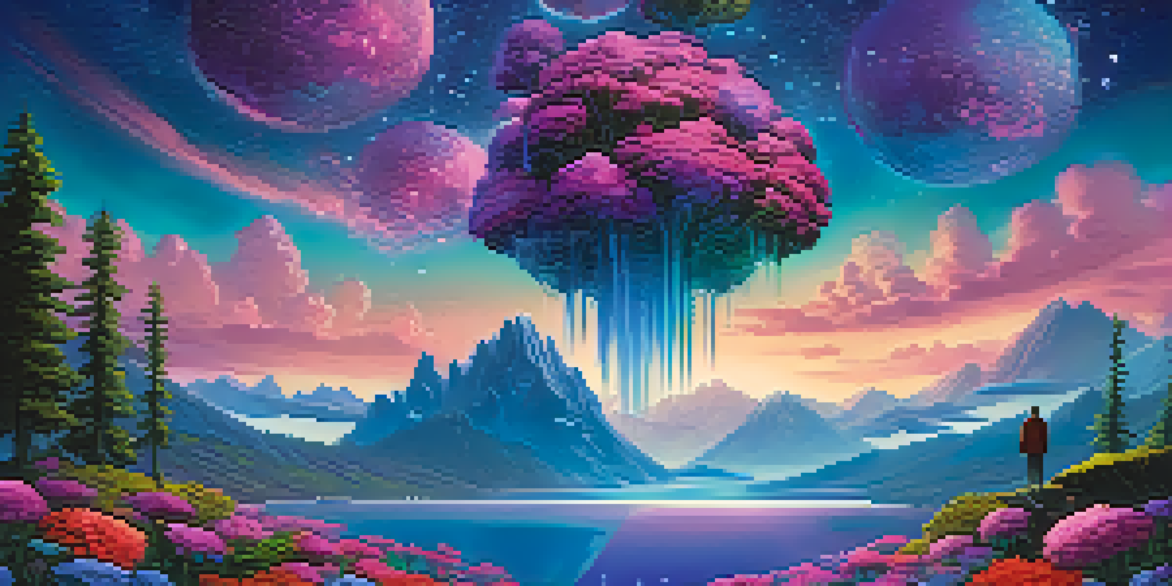 A person wearing a VR headset stands on the edge of a floating island, surrounded by colorful oversized flowers, with a majestic mountain range in the background and a starry sky.