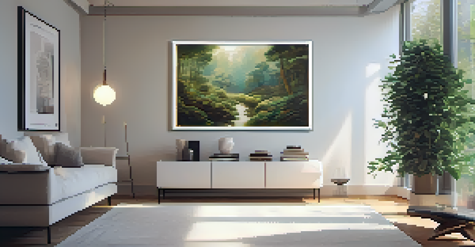 A person visualizing a painting on their living room wall using augmented reality technology.