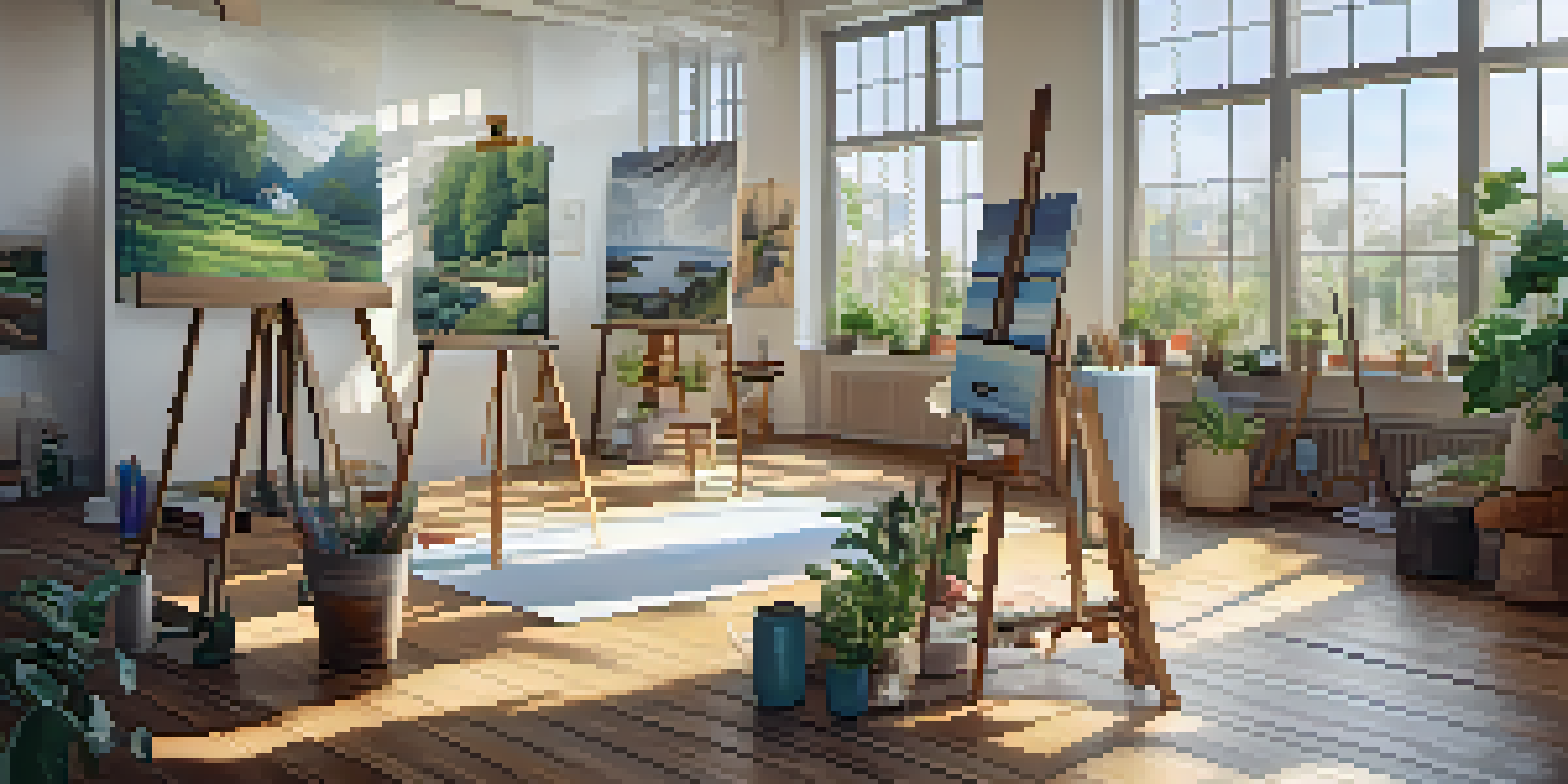 A bright art studio with a canvas displaying a colorful landscape painting, surrounded by plants and art supplies.