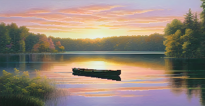 A peaceful sunrise over a lake with colorful reflections and a small rowboat in the foreground.
