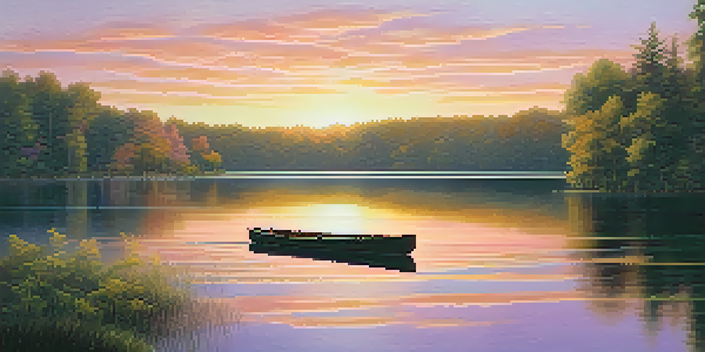 A peaceful sunrise over a lake with colorful reflections and a small rowboat in the foreground.