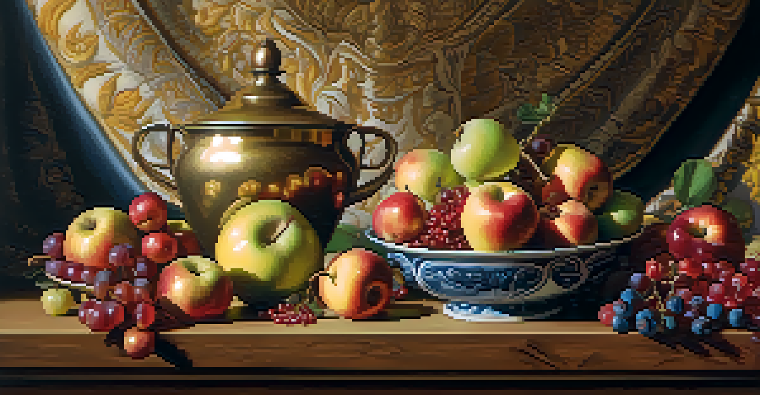 A still life with a bowl of colorful fruits on a wooden table, illuminated by soft golden light.