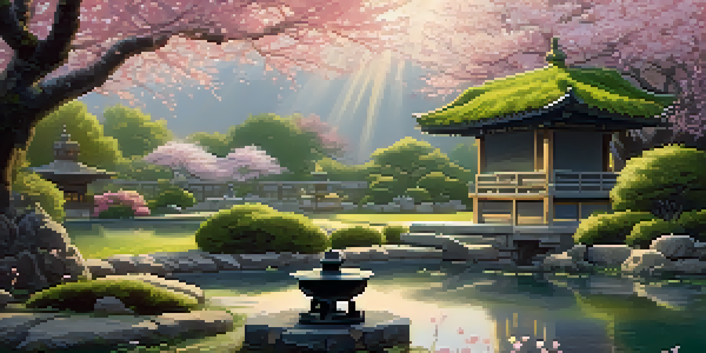 A peaceful Eastern garden with cherry blossom trees, a koi pond, and a stone lantern at sunset.