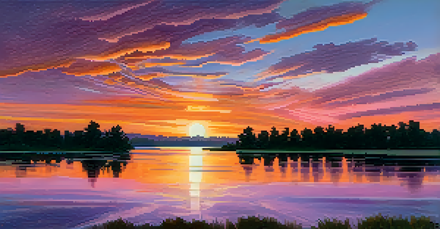 An impressionist landscape of a sunset over a lake with vibrant colors and silhouettes of trees.