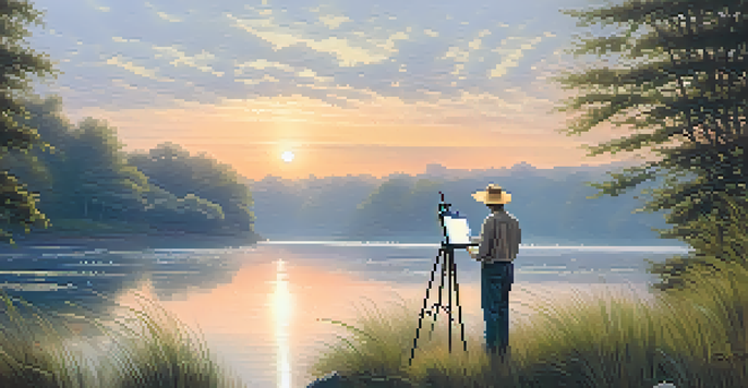 A painter captures the sunrise over a tranquil lake, surrounded by lush greenery and flowers.