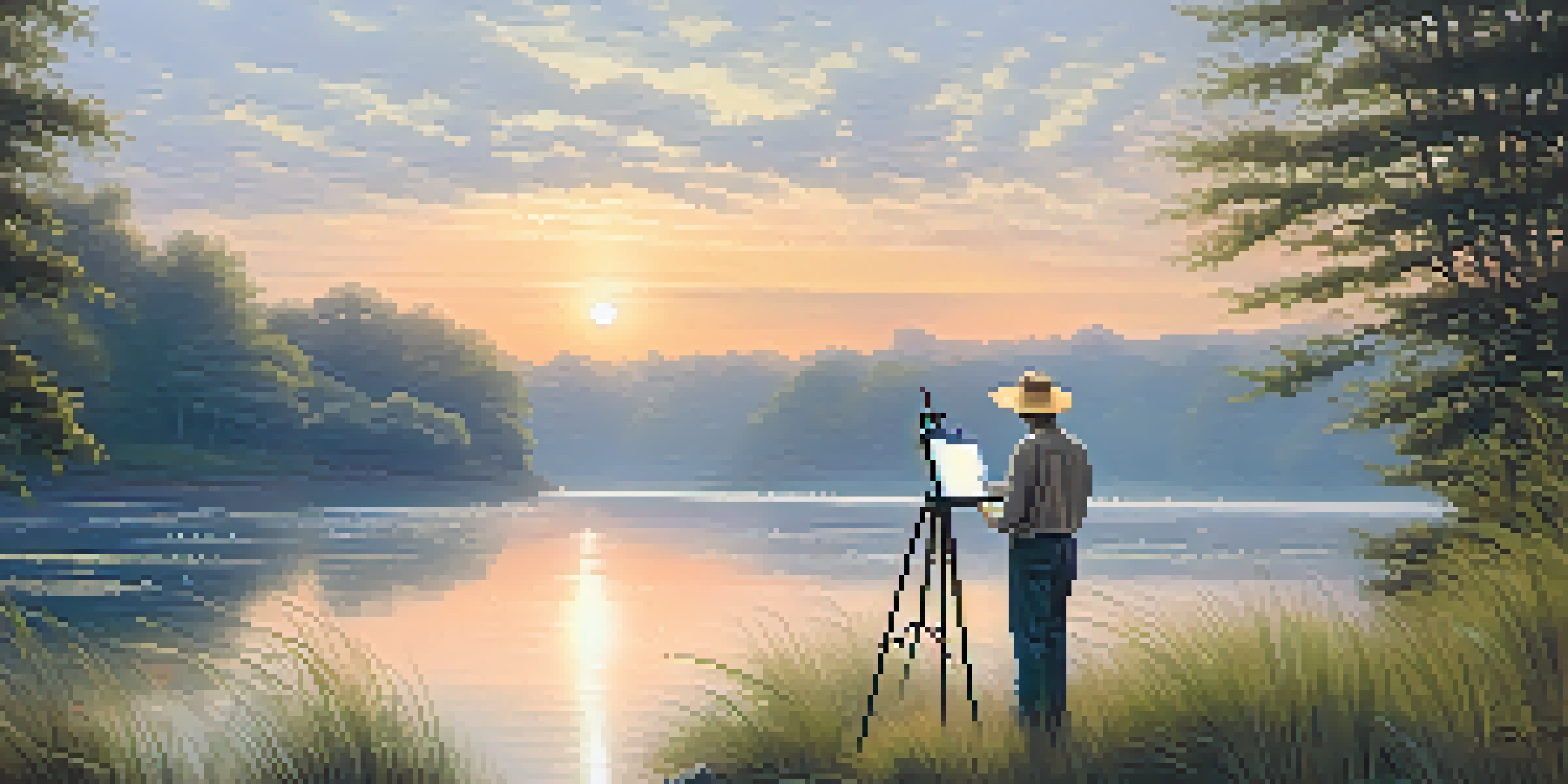 A painter captures the sunrise over a tranquil lake, surrounded by lush greenery and flowers.