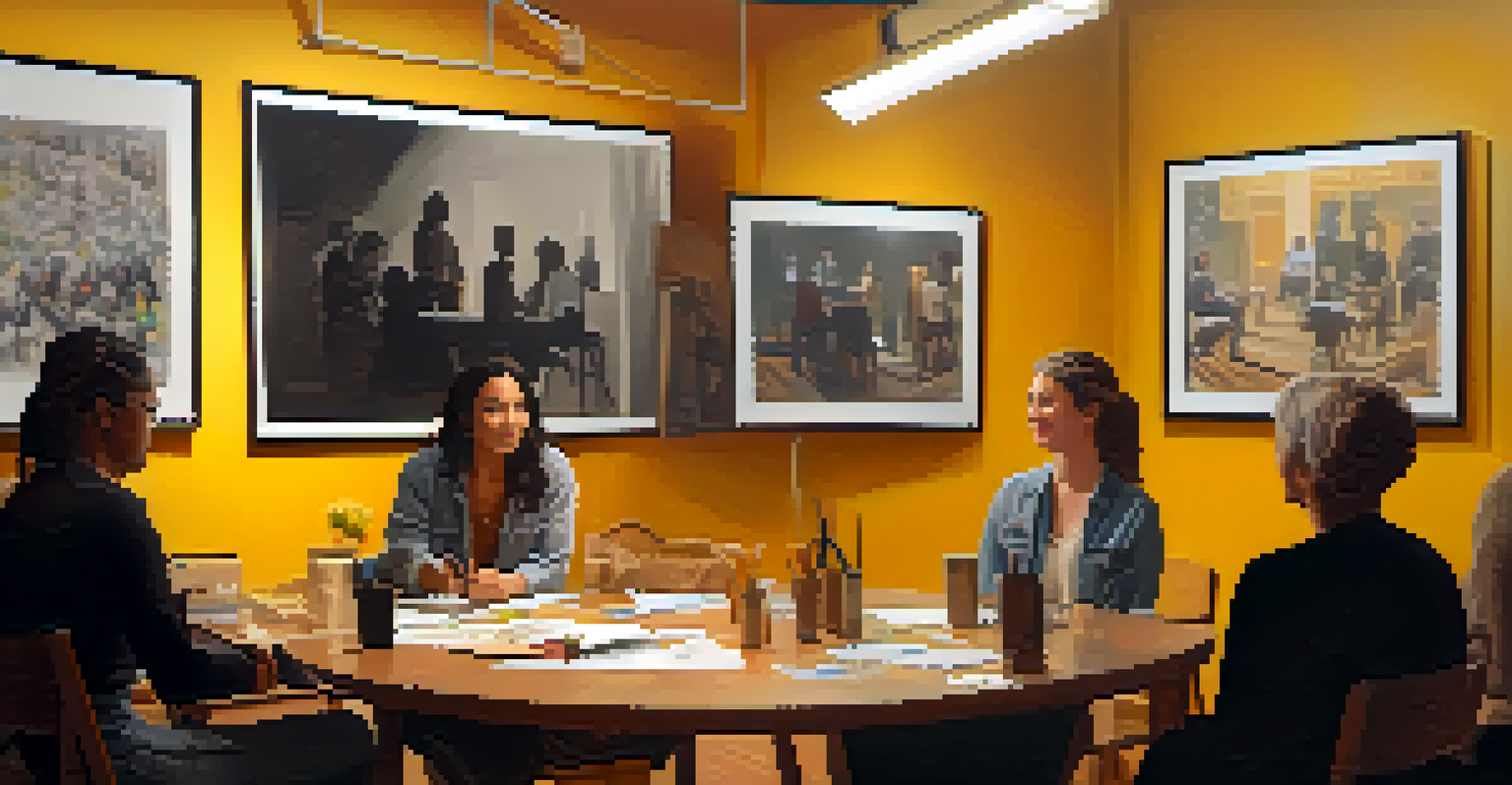 A cozy art studio where a diverse group of artists is gathered in a circle discussing social justice themes, surrounded by their artworks under warm lighting.