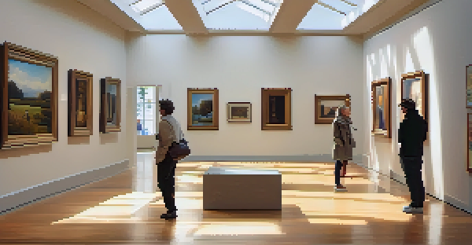 A bright and peaceful art gallery with visitors admiring artworks under natural light.