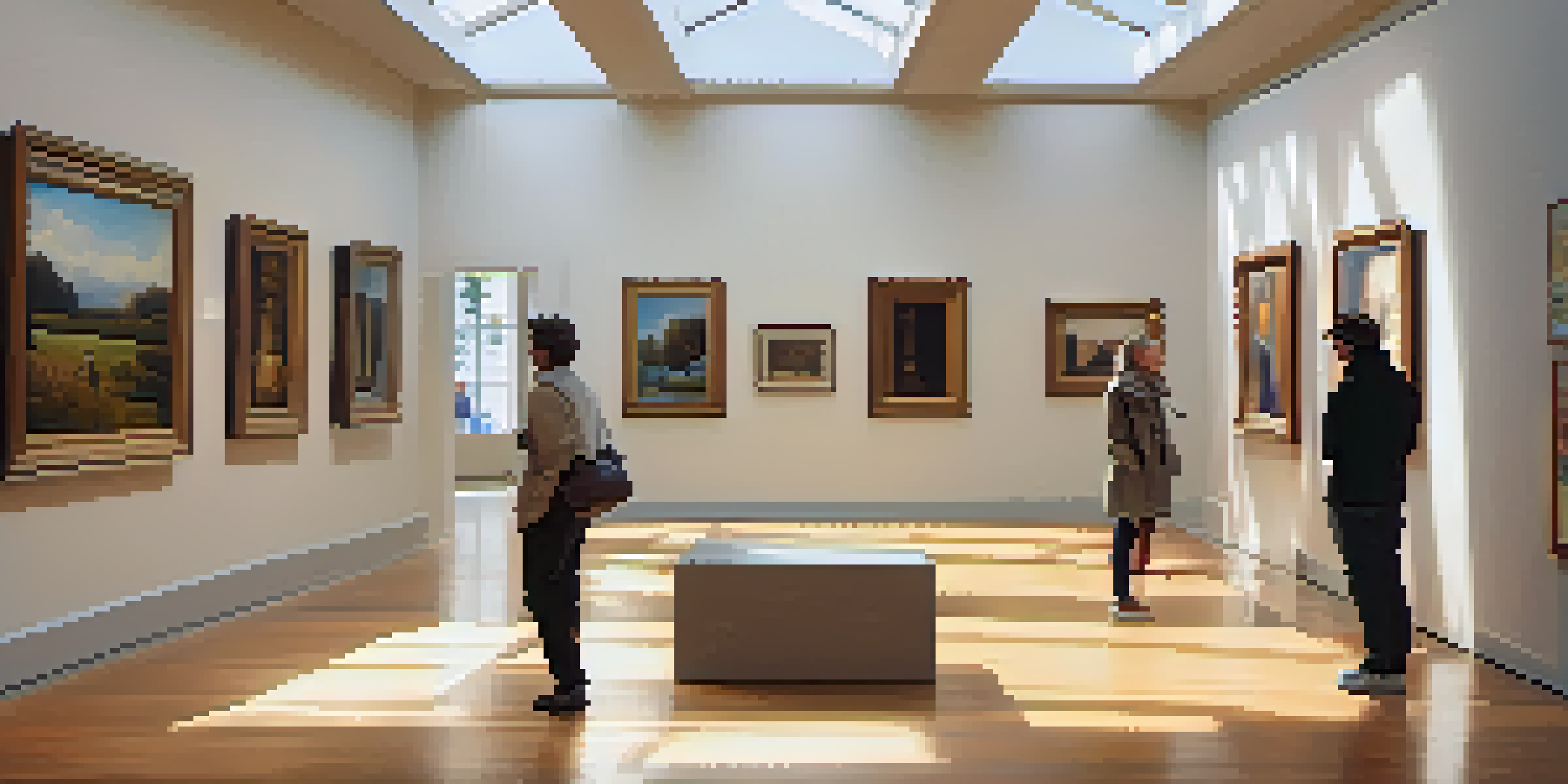 A bright and peaceful art gallery with visitors admiring artworks under natural light.