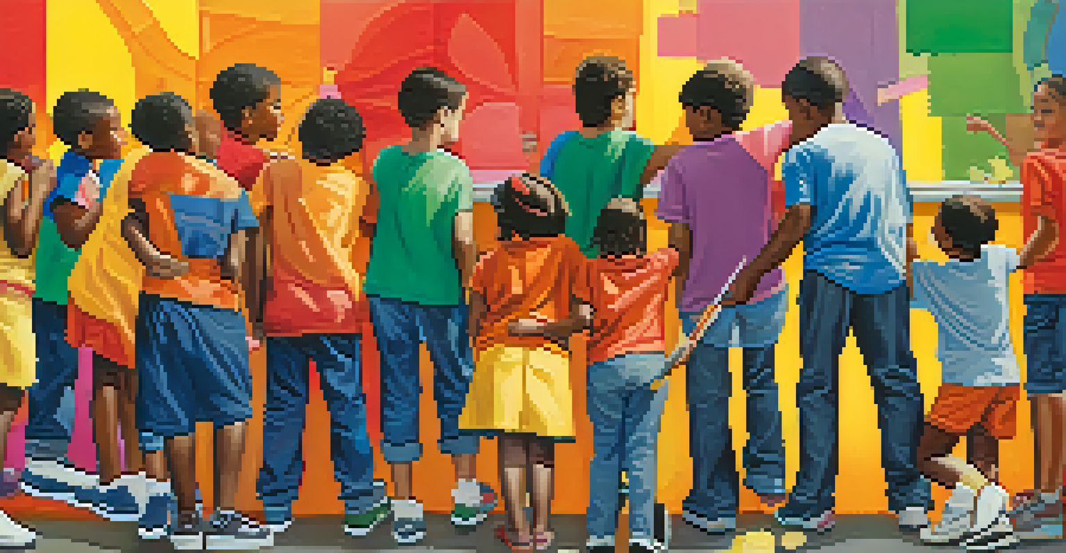 Children working together on a large mural, using various colors and techniques in a community setting.