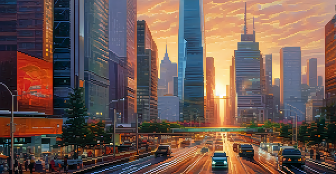 A vibrant urban scene depicting futuristic skyscrapers and busy streets, filled with vehicles and bathed in the warm glow of a setting sun.