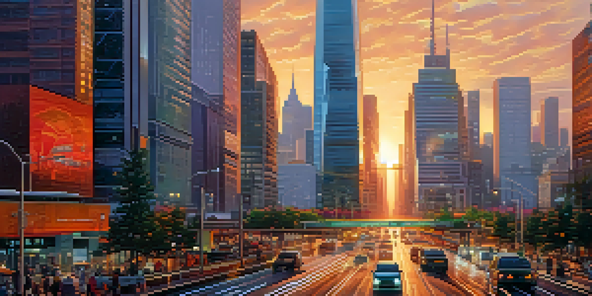 A vibrant urban scene depicting futuristic skyscrapers and busy streets, filled with vehicles and bathed in the warm glow of a setting sun.
