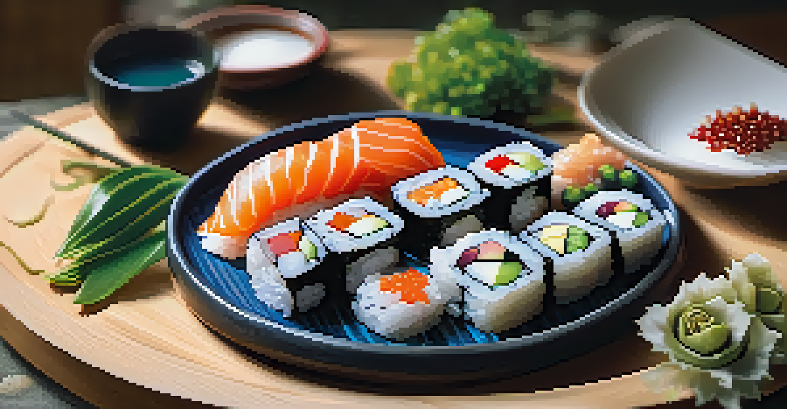 A close-up view of an artfully arranged sushi plate with vibrant colors and textures, softly blurred background.
