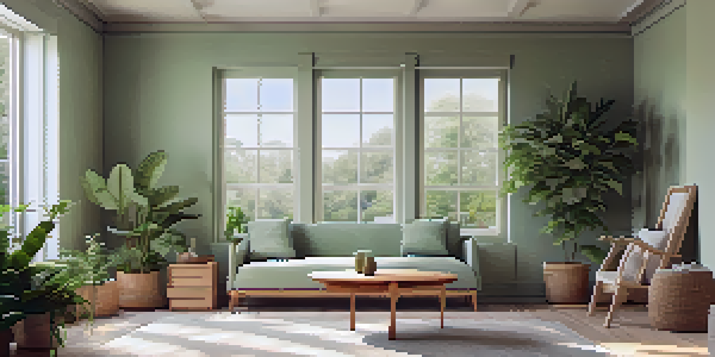 A cozy room painted in light green with wooden furniture and indoor plants, illuminated by natural light from large windows.