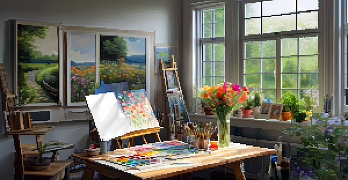 A well-lit art studio with acrylic paintings, brushes, and palettes on a wooden table, overlooking a garden.