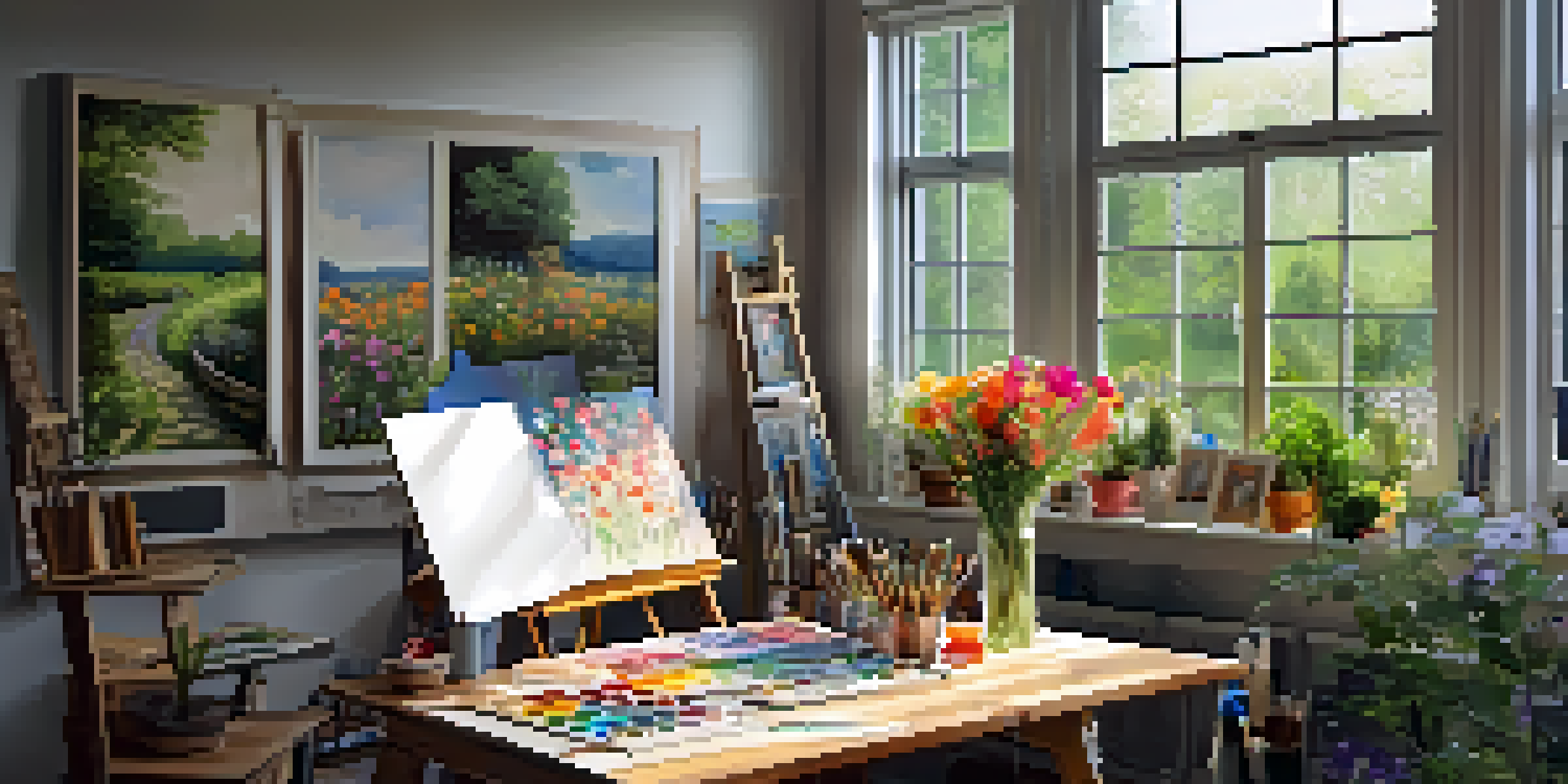A well-lit art studio with acrylic paintings, brushes, and palettes on a wooden table, overlooking a garden.