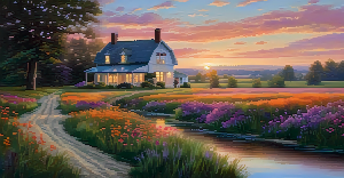 A sunset over a tranquil field with wildflowers, a winding path, and a farmhouse, with colorful skies reflecting in a pond.