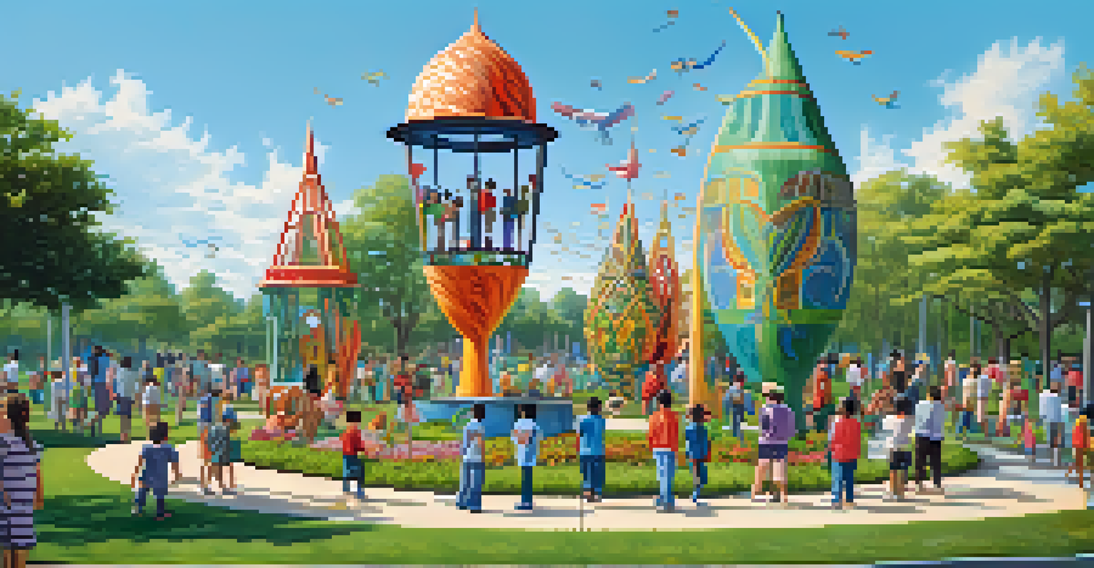 A community art installation in a park, showcasing colorful sculptures that celebrate cultural diversity.