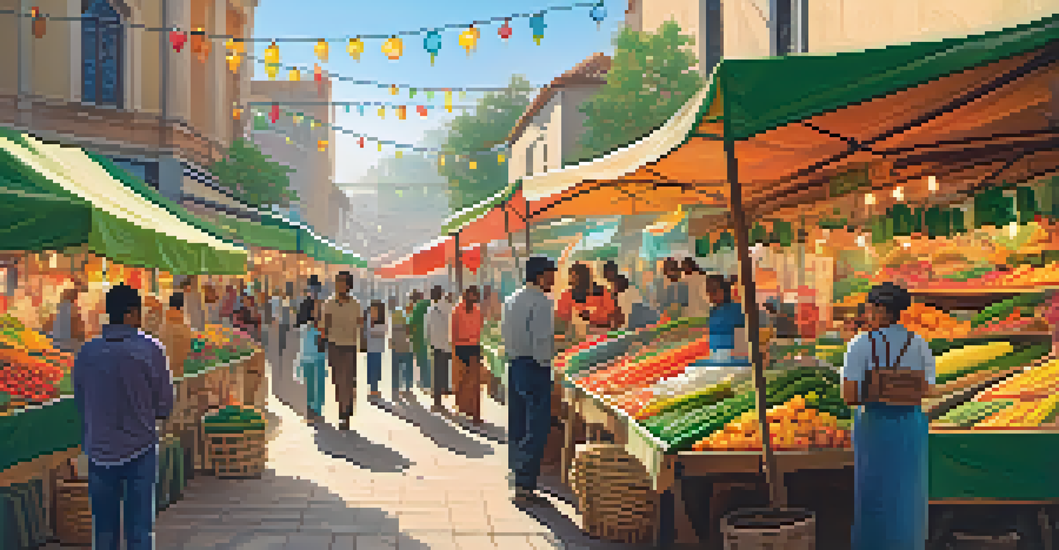 A lively street market with colorful stalls, people interacting, and bright decorations, all under a warm golden light.