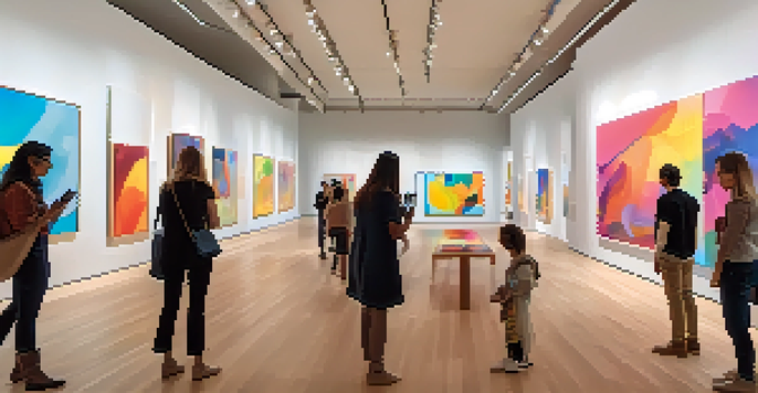 An art gallery featuring a colorful abstract painting enhanced with augmented reality animations, with visitors using smartphones to engage with the artwork.