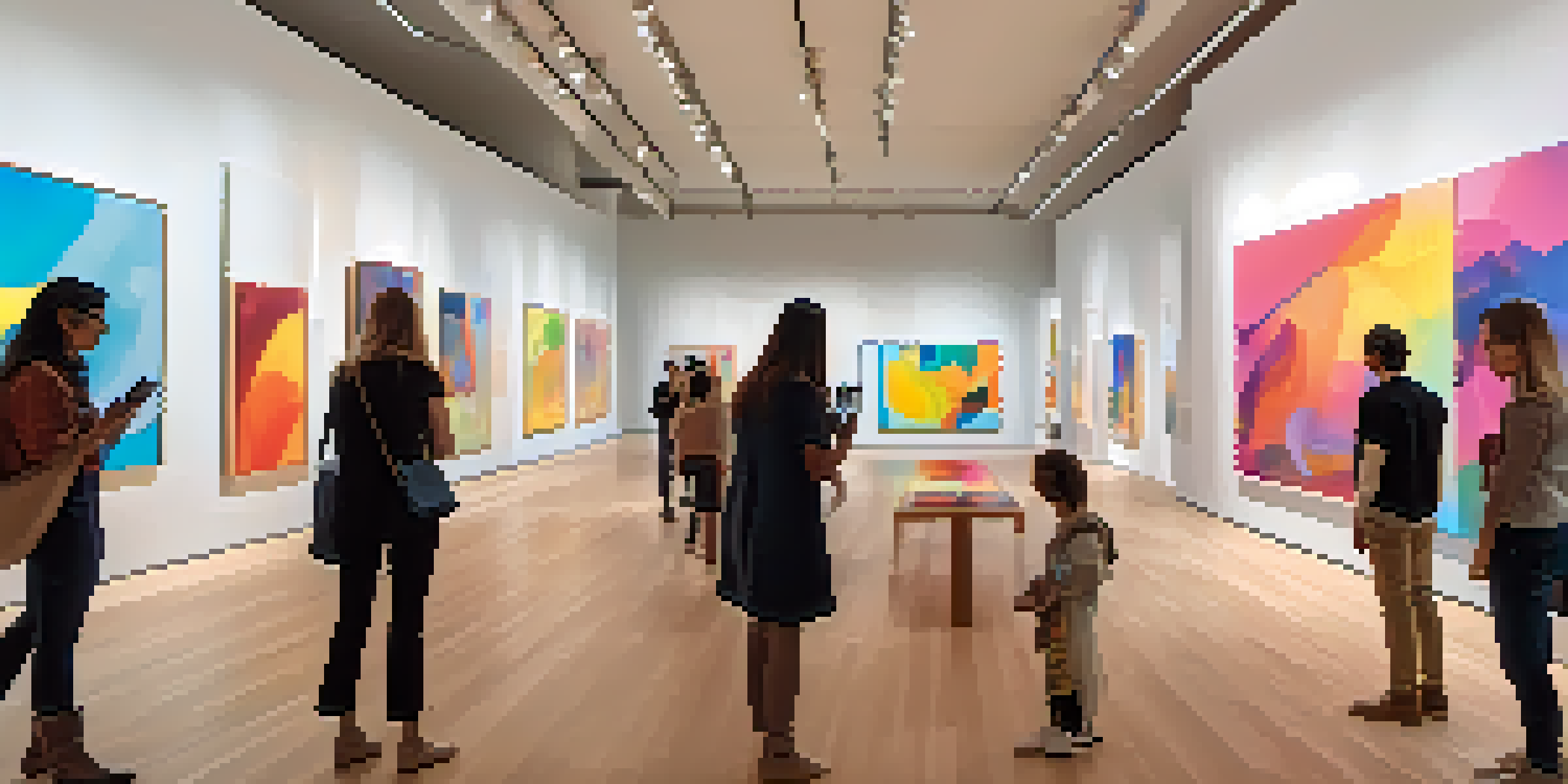 An art gallery featuring a colorful abstract painting enhanced with augmented reality animations, with visitors using smartphones to engage with the artwork.