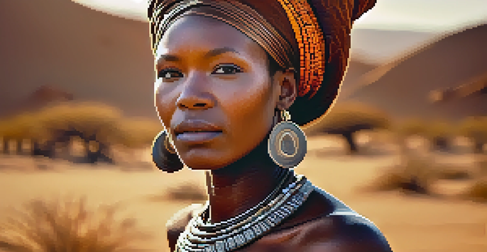 A Himba woman in Namibia showcasing traditional body paint in a sunlit desert landscape.