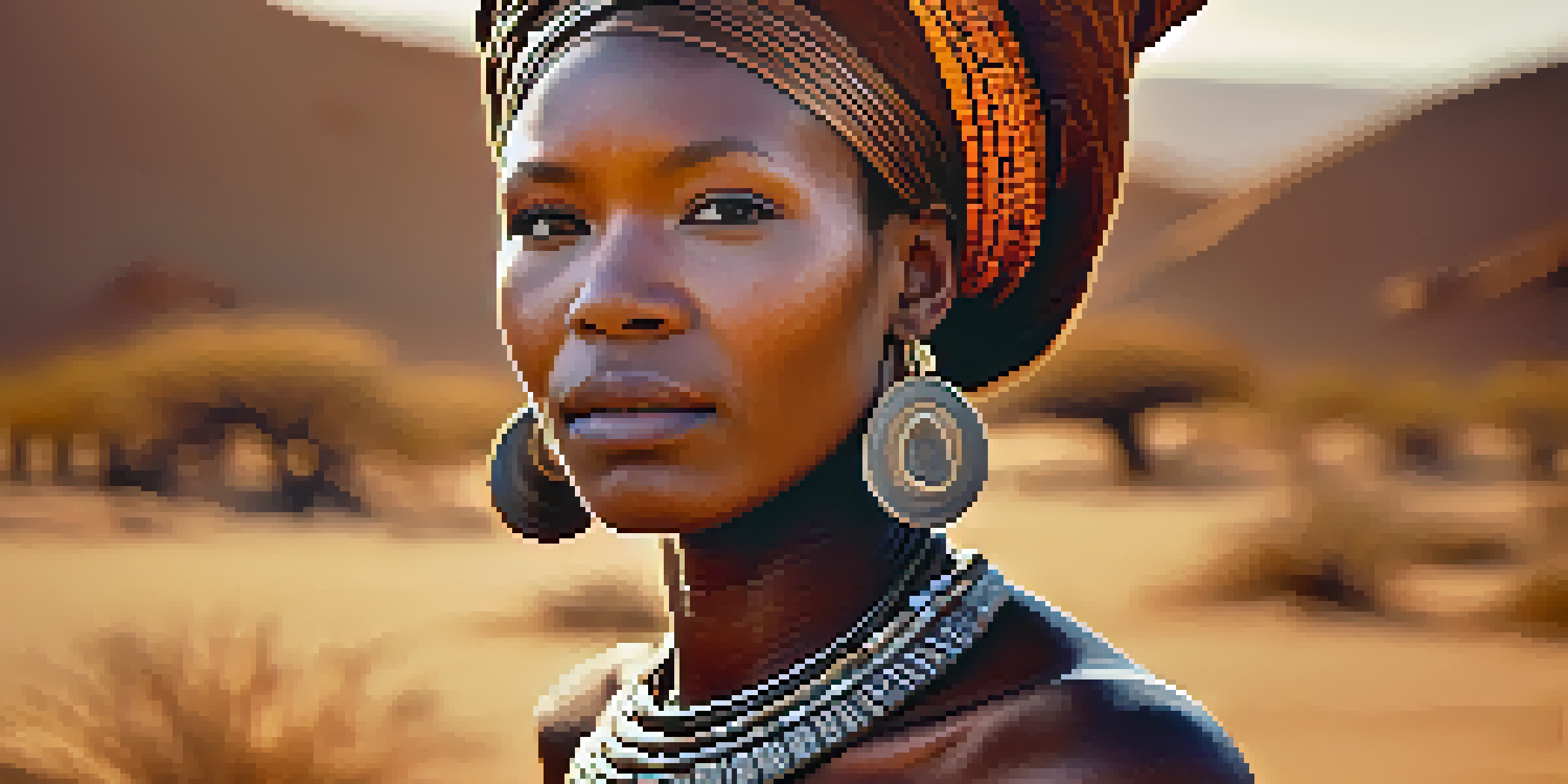 A Himba woman in Namibia showcasing traditional body paint in a sunlit desert landscape.