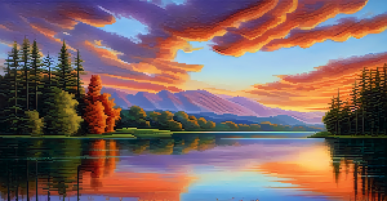 A serene landscape of a sunset over a calm lake, with warm colors in the sky reflecting in the water, surrounded by lush greenery.