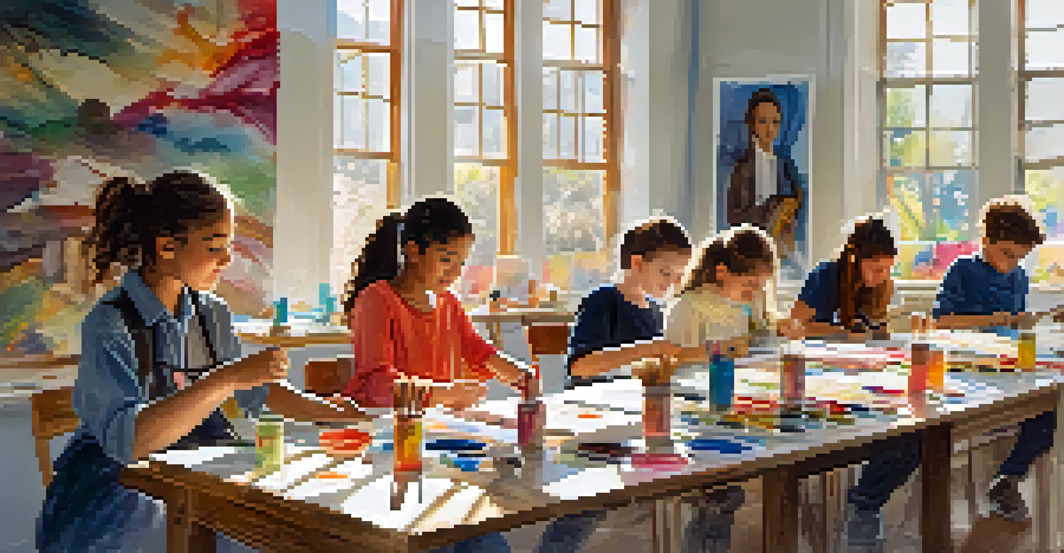 An art class with students practicing traditional painting techniques, surrounded by their colorful artworks and natural light.