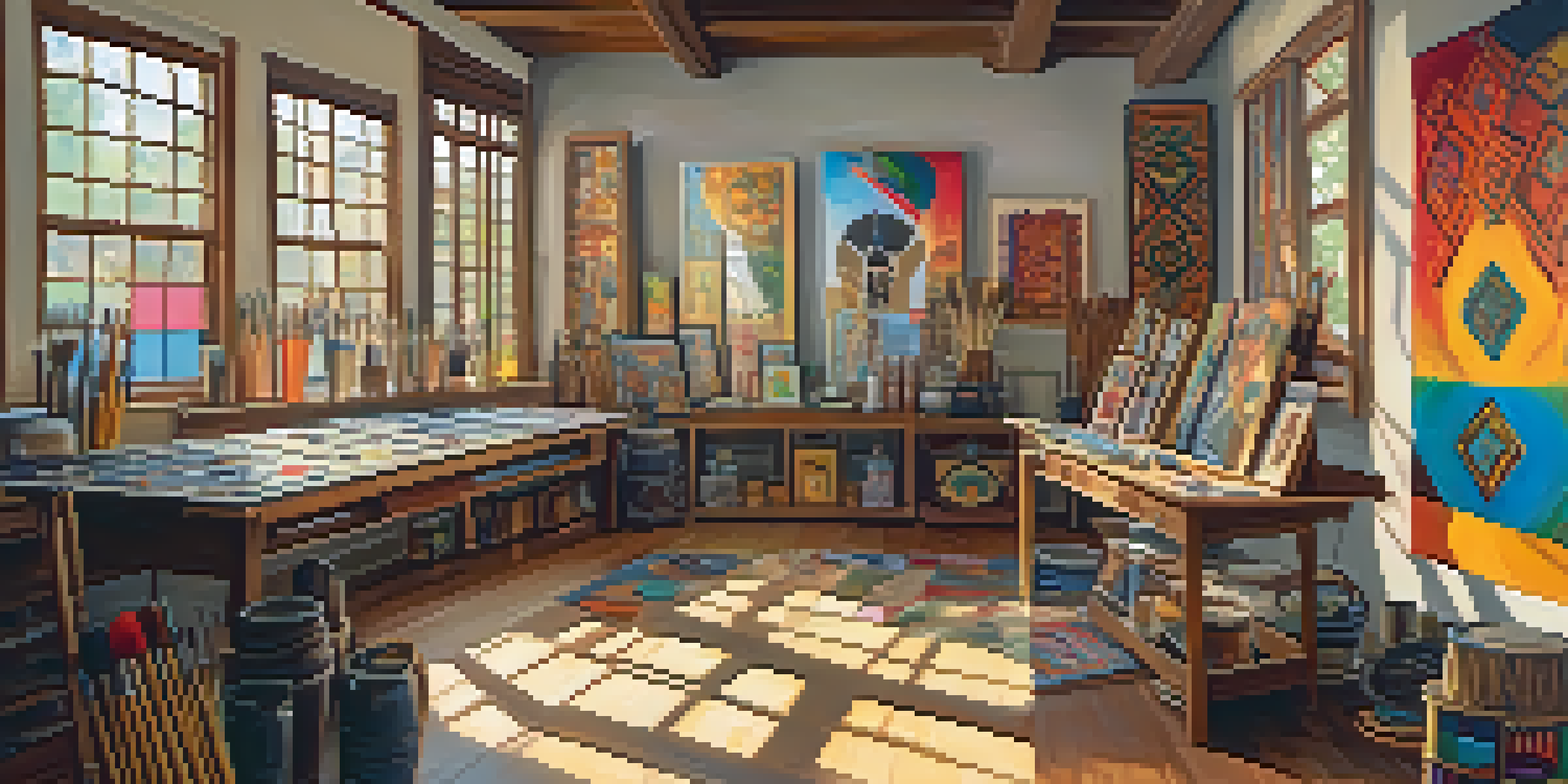 A bright art studio with colorful cultural paintings, sunlight streaming through windows, and art supplies scattered around.