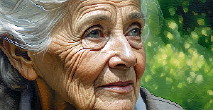 A close-up portrait of an elderly woman, emphasizing her wise expression and wrinkles, set against a blurred garden background.
