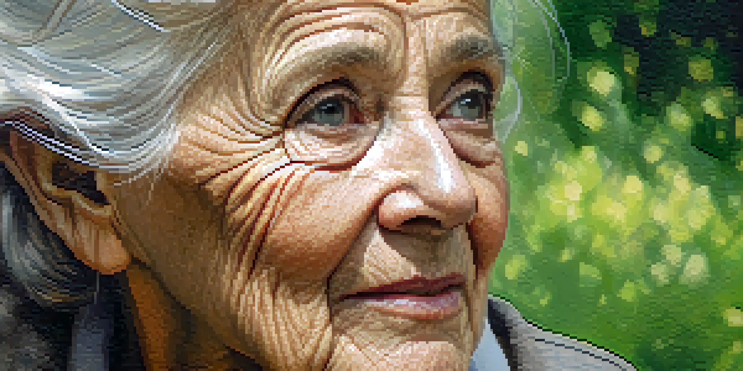 A close-up portrait of an elderly woman, emphasizing her wise expression and wrinkles, set against a blurred garden background.