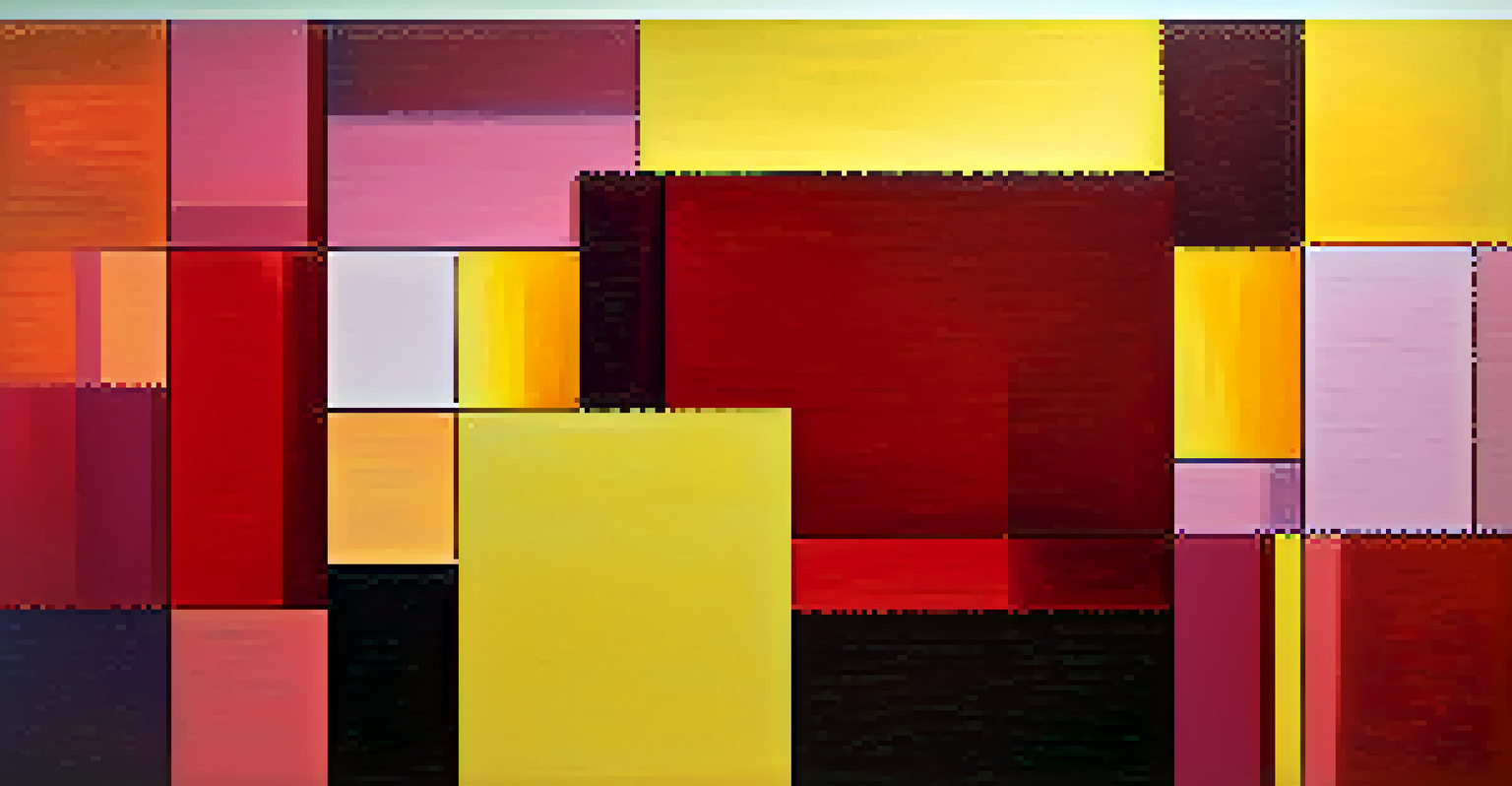 An abstract artwork featuring large blocks of deep reds, soft pinks, and bright yellows.