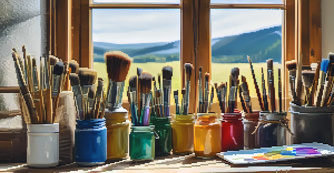 A table with a variety of high-quality paintbrushes and colorful paint cans in a well-lit workspace.