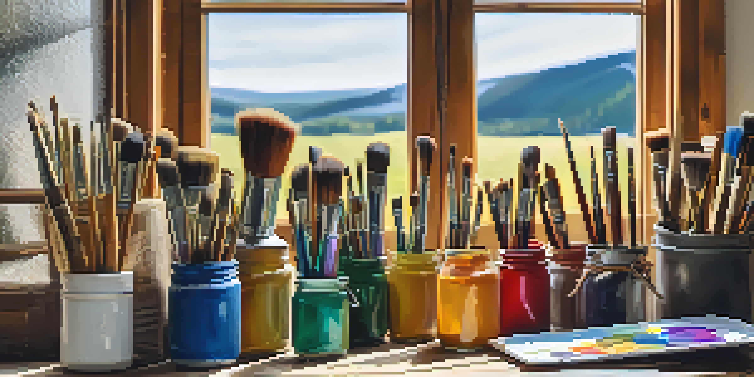 A table with a variety of high-quality paintbrushes and colorful paint cans in a well-lit workspace.