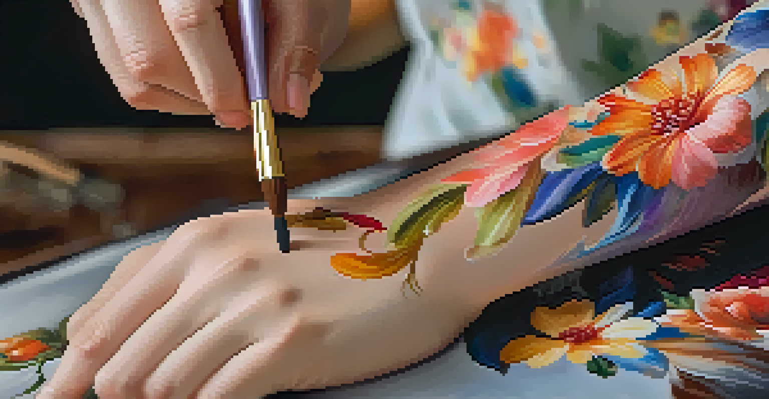 A close-up of a model's arm with detailed floral body paint, highlighting vibrant colors and soft lighting.