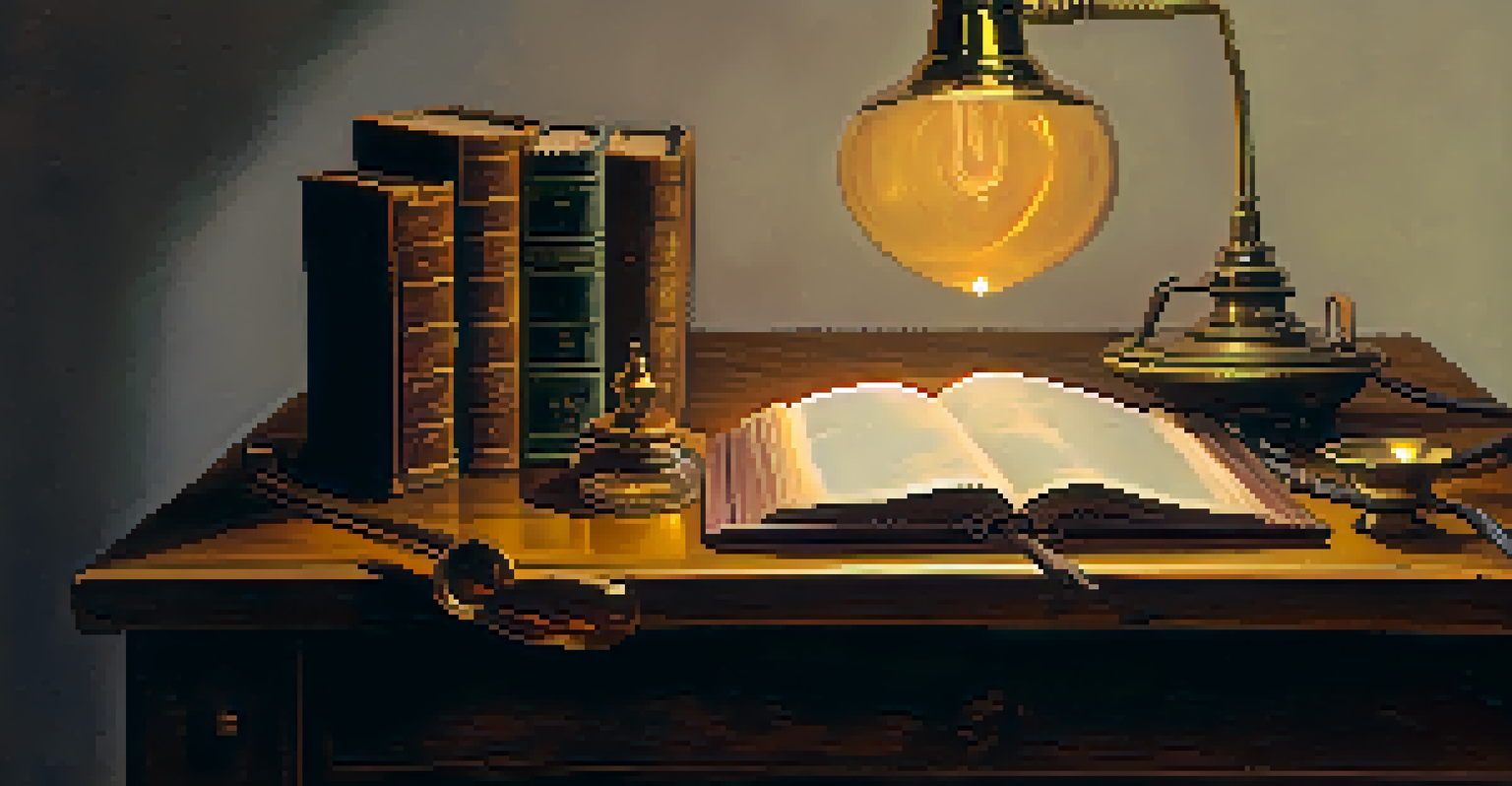 A still life scene with a brass lamp, leather book, quill, and ink pot on a dark fabric-covered table, illuminated by warm light.