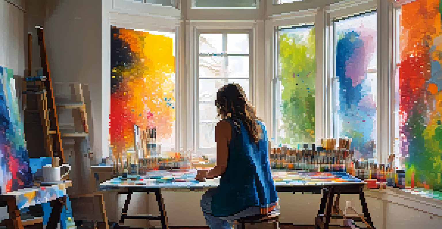 An artist working on a colorful abstract painting in a messy studio filled with art supplies and natural light.