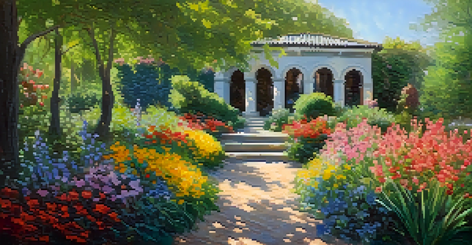 A sunlit garden with colorful flowers and a couple painting outdoors, inspired by Impressionist art.