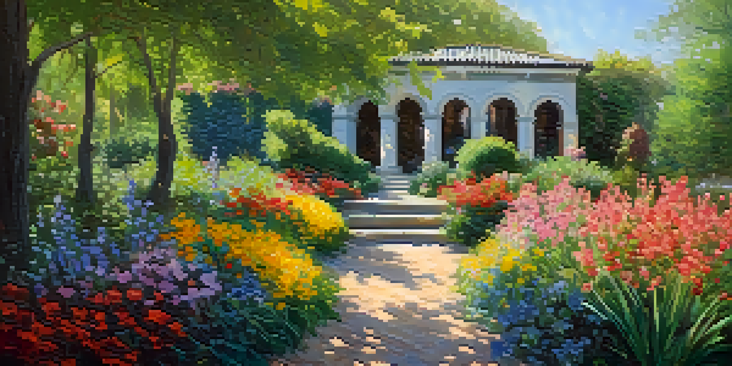 A sunlit garden with colorful flowers and a couple painting outdoors, inspired by Impressionist art.