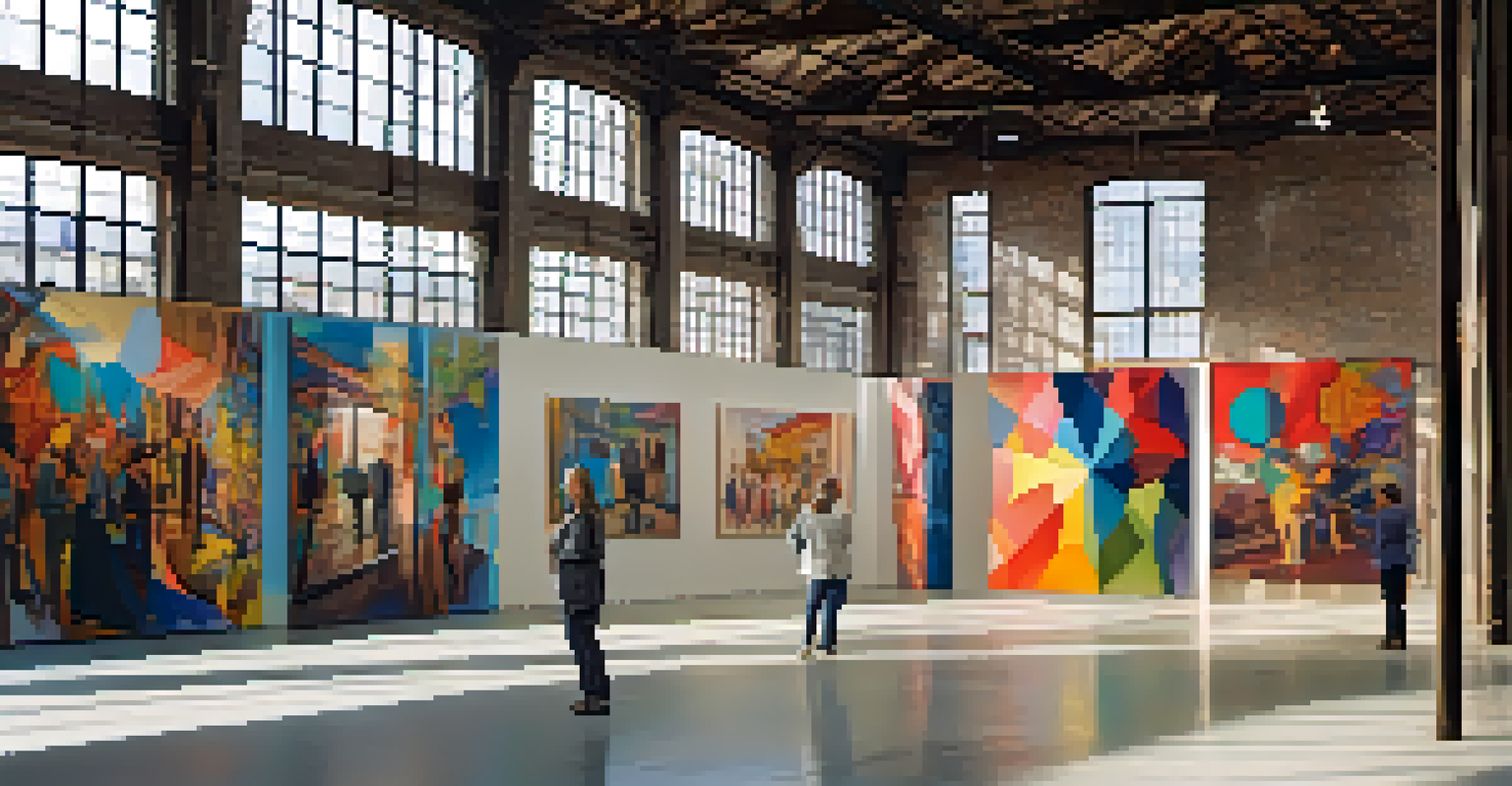 An expansive warehouse art exhibition with large installations and artists giving tours.