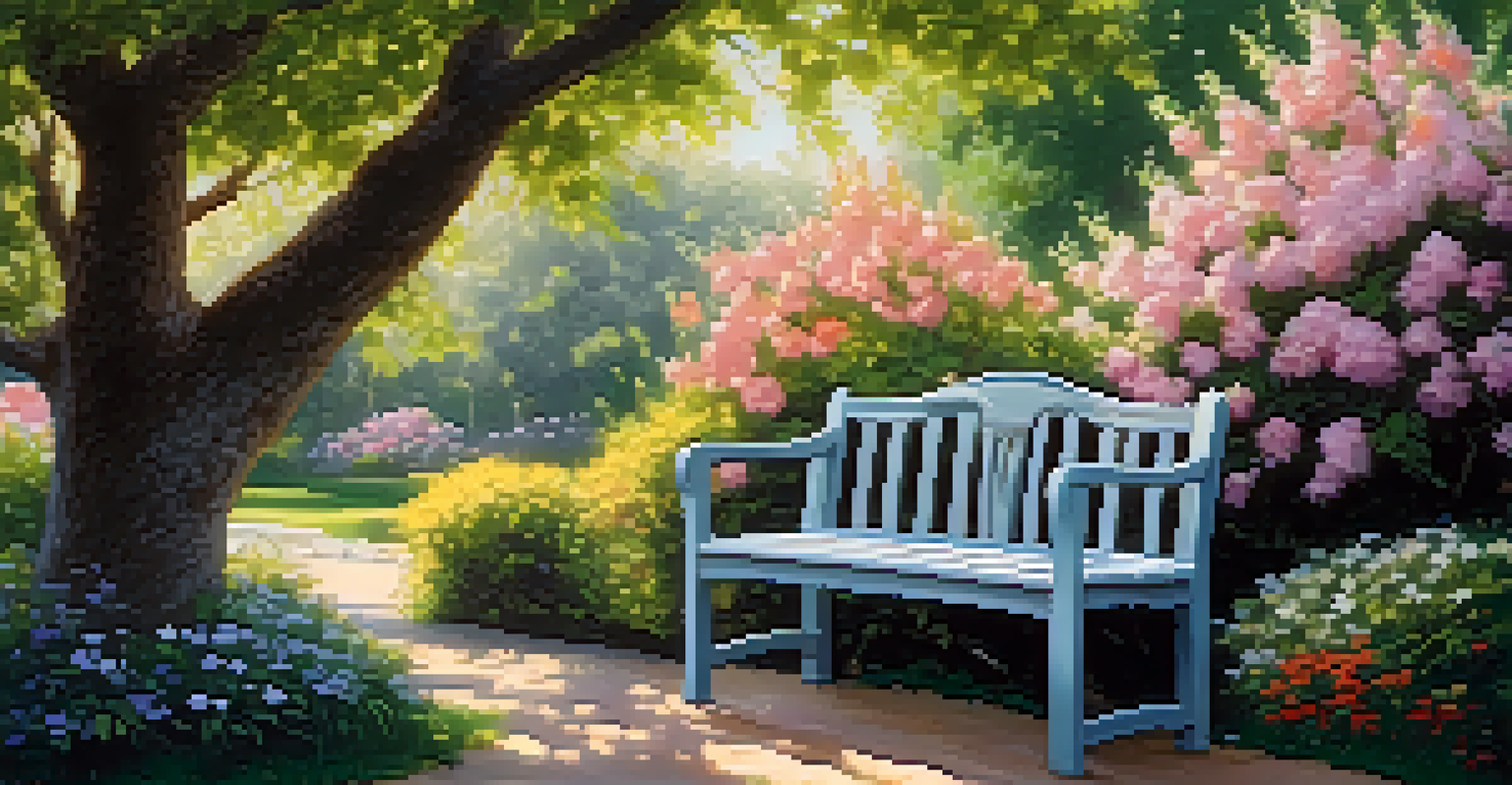 A serene garden filled with blooming flowers and soft pastel colors. A vintage bench under a flowering tree creates a tranquil atmosphere.