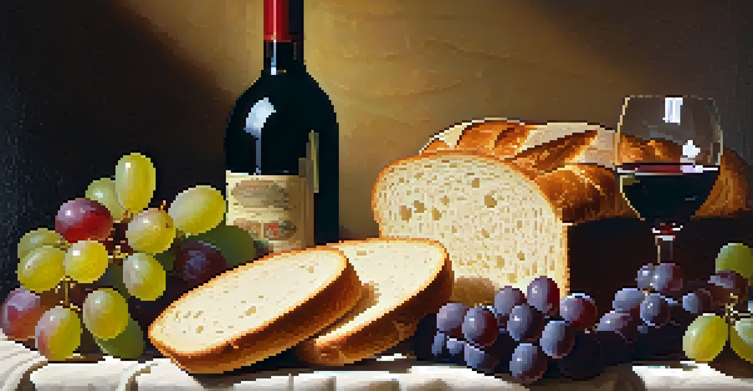 A still life featuring a loaf of bread, grapes, and a glass of red wine on a linen cloth, illuminated by warm golden light.