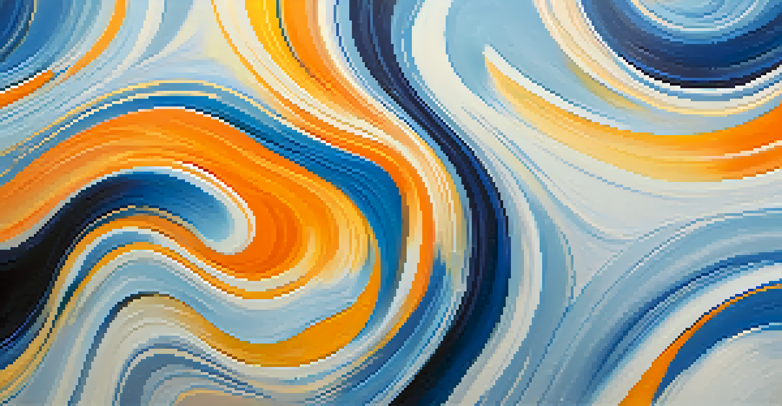 A colorful abstract artwork with swirling patterns in blue, orange, and yellow against a pastel background.