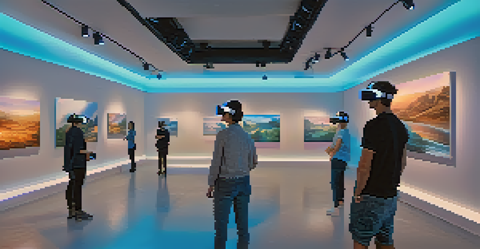 A futuristic art gallery with viewers using VR headsets to interact with 3D art installations.