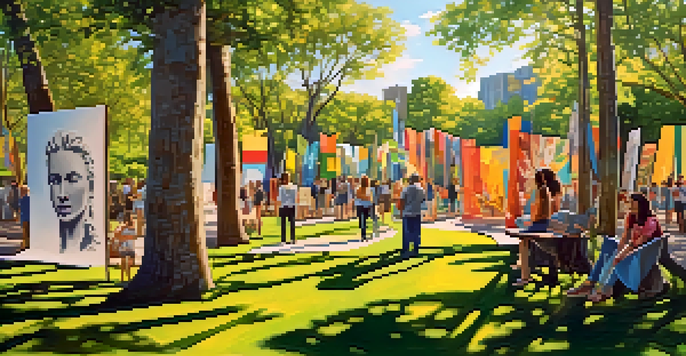 An outdoor art exhibition with large sculptures made from reclaimed wood in a park, surrounded by trees and colorful banners promoting sustainability.