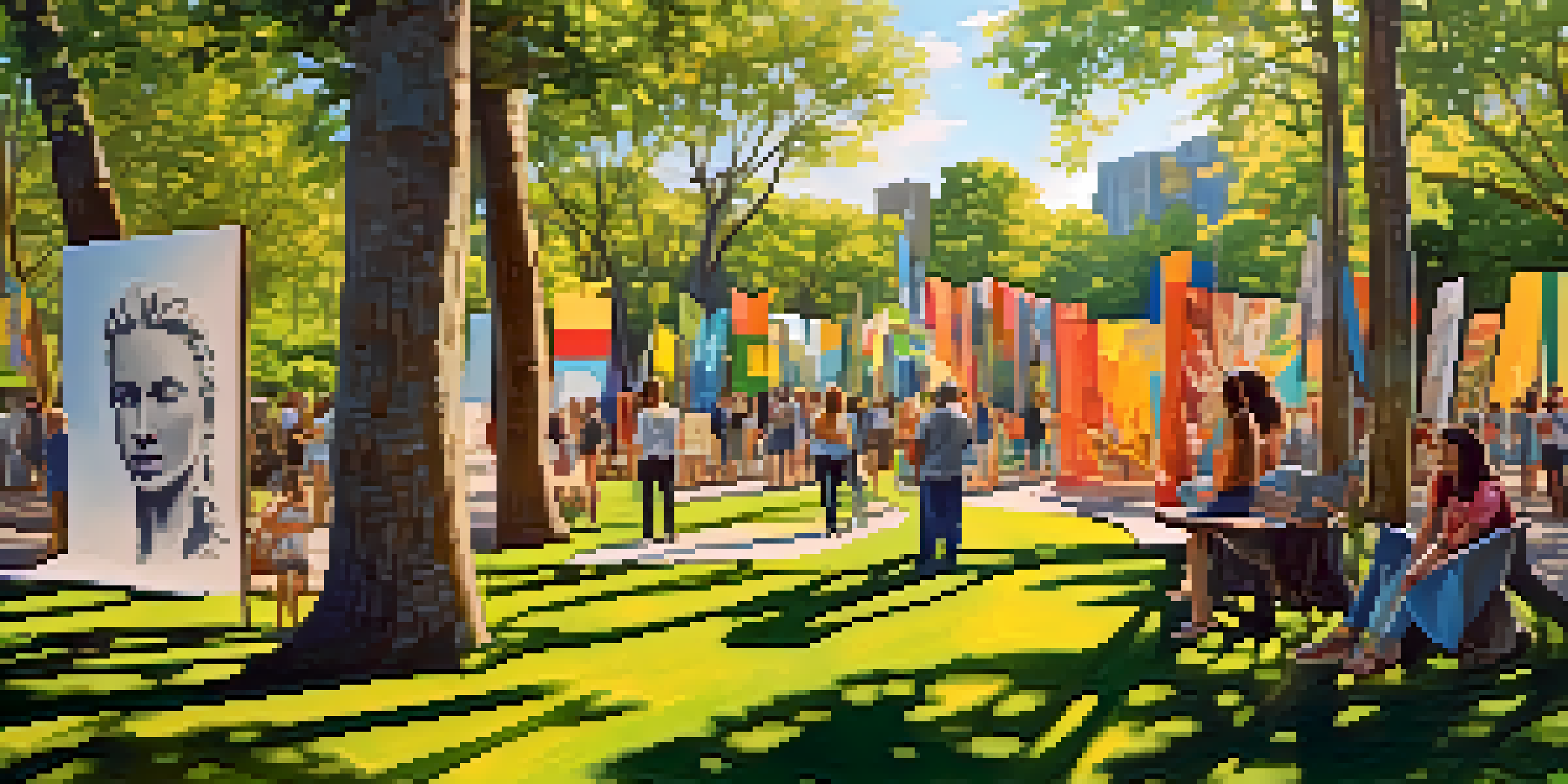An outdoor art exhibition with large sculptures made from reclaimed wood in a park, surrounded by trees and colorful banners promoting sustainability.