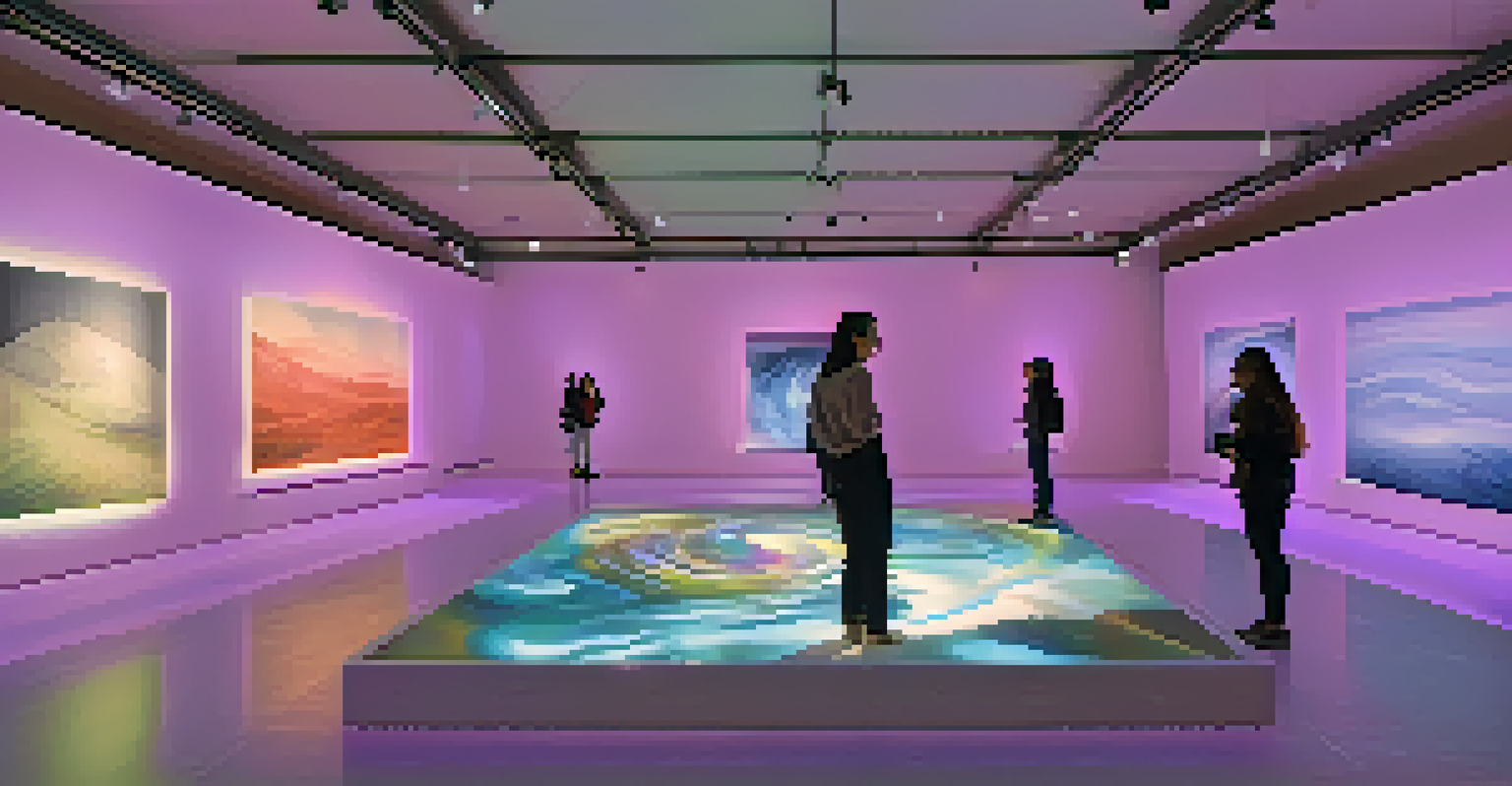 An interactive virtual art gallery featuring colorful 3D sculptures and digital paintings, with visitors engaging with the art under soft ambient lighting.